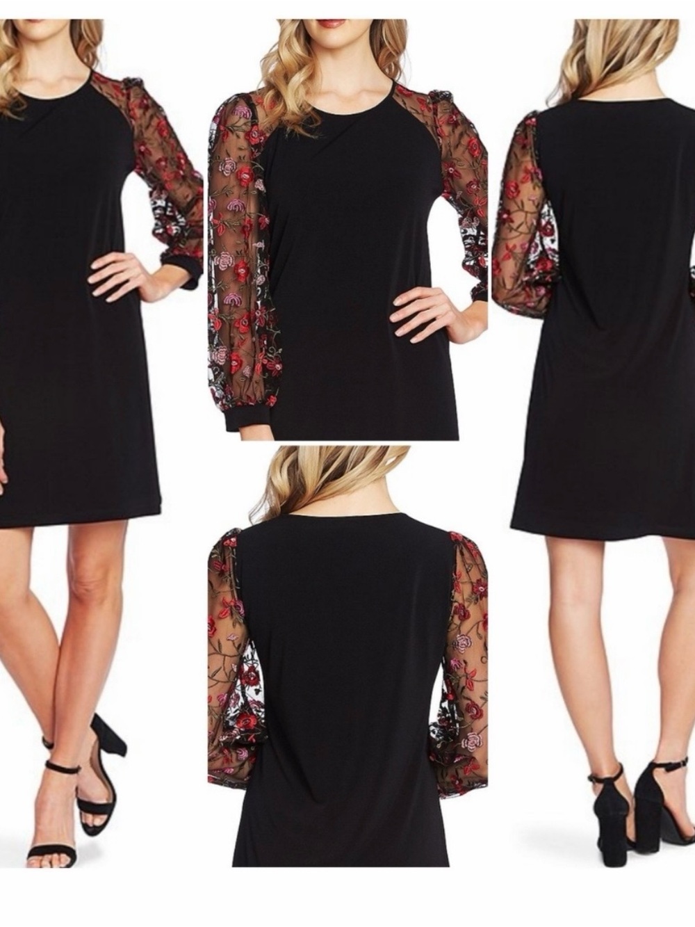 CeCe Women’s Black Long Sleeve Shift Dress with Embroidered Floral Mesh Sleeves